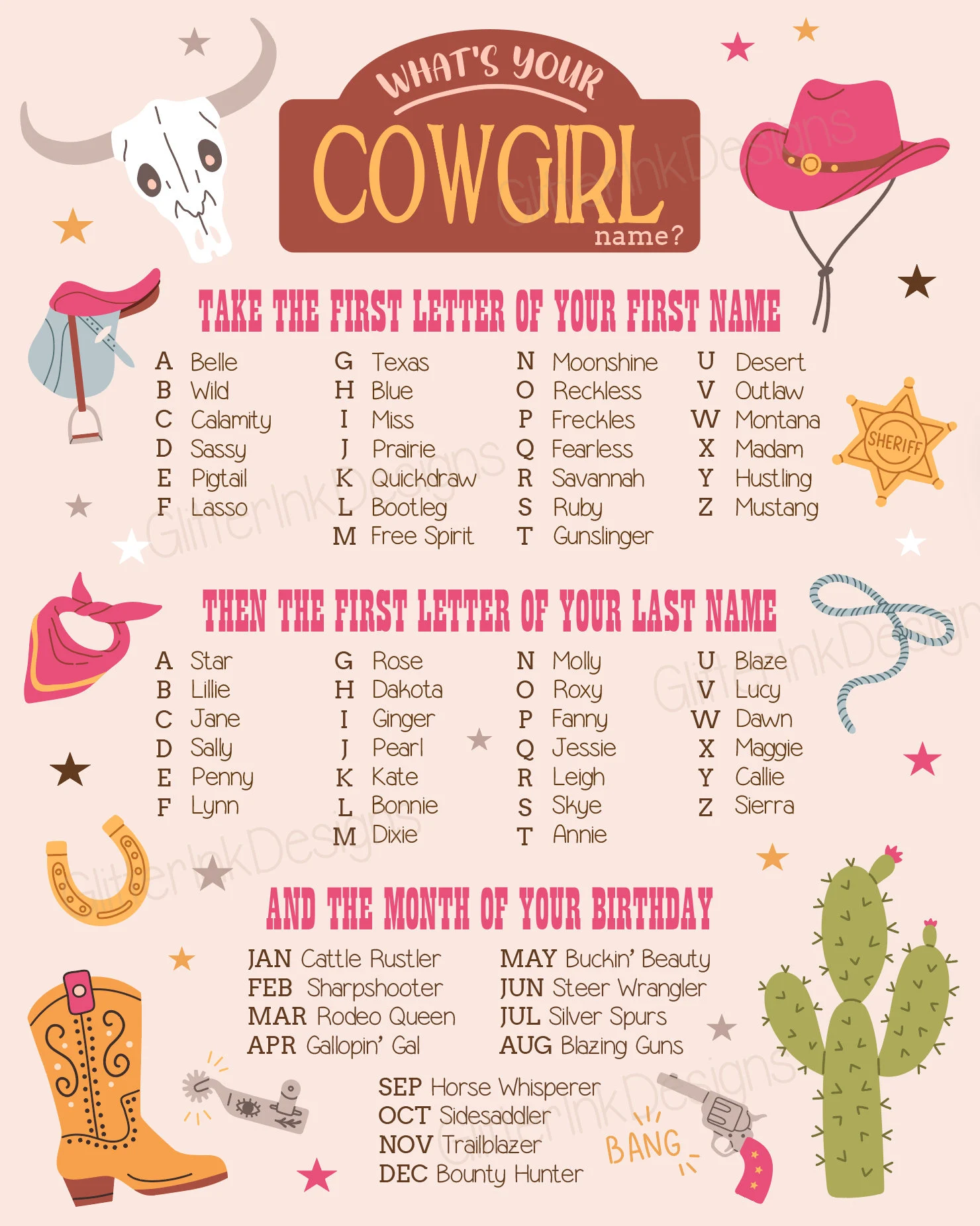 What's Your Cowgirl Name Printable Party Game, Pink Wild West Rodeo ...