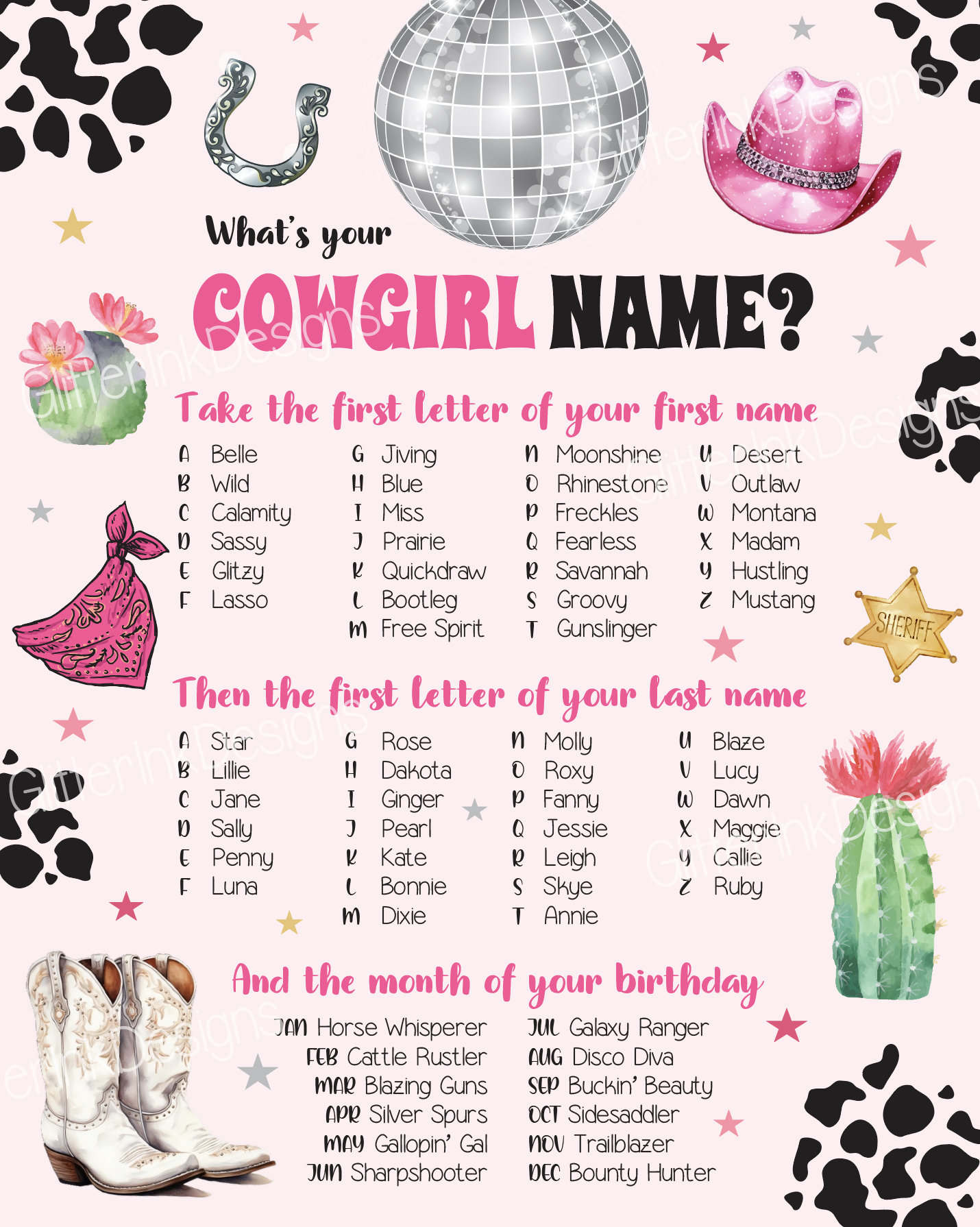 What's Your Space Cowgirl Name Printable Party Game, Pink Disco Decor ...